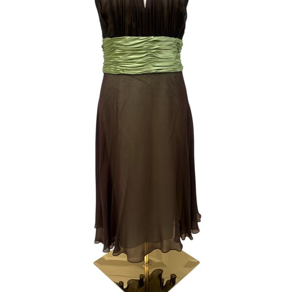 VTG Y2K Maggie London Dress Sz 14 Brown Halter Midi Silk A Line Bella Swan Bows - Picture 3 of 10